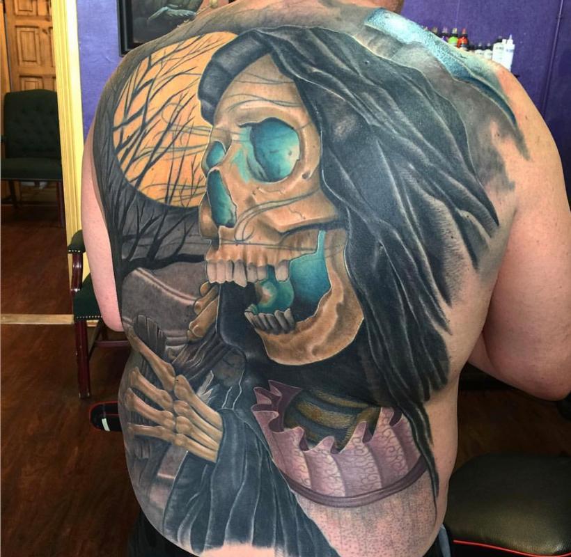 Grim Reaper full back tattoo duluth mn by Kyle Grover TattooNOW